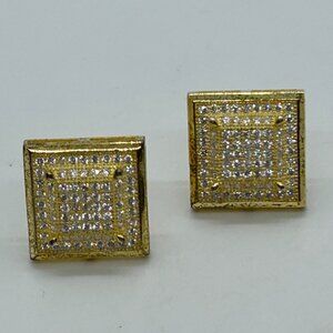 Gold Vermeil Over Sterling Silver Square Stud Earrings Pave CZ Hip Hop Screwback